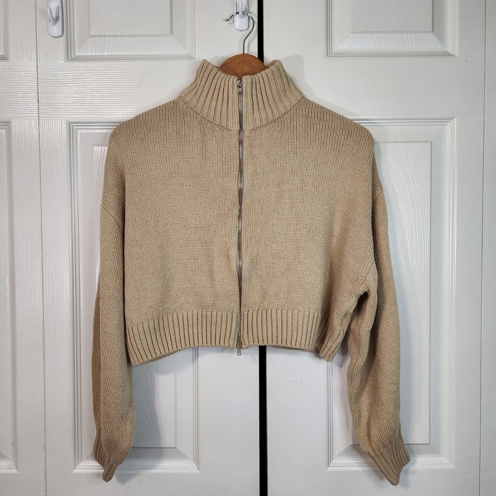 HM Divided Womens Beige Cropped Zip Up Cardigan Funnel Neck Sweater Small S